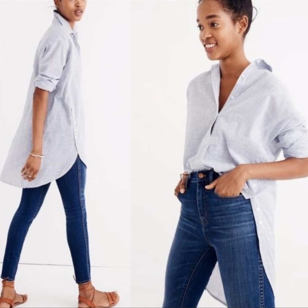 Madewell Striped Side Button Popover Long Sleeve Shirt Tunic Size XL